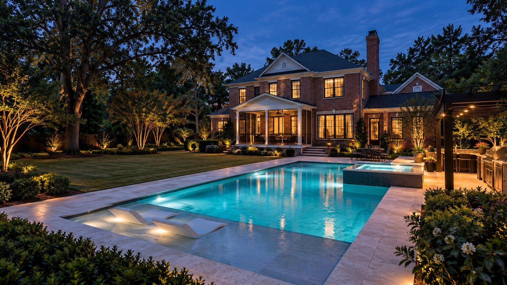 The proposed pool, raised spa, travertine deck, and outdoor living space at the same home