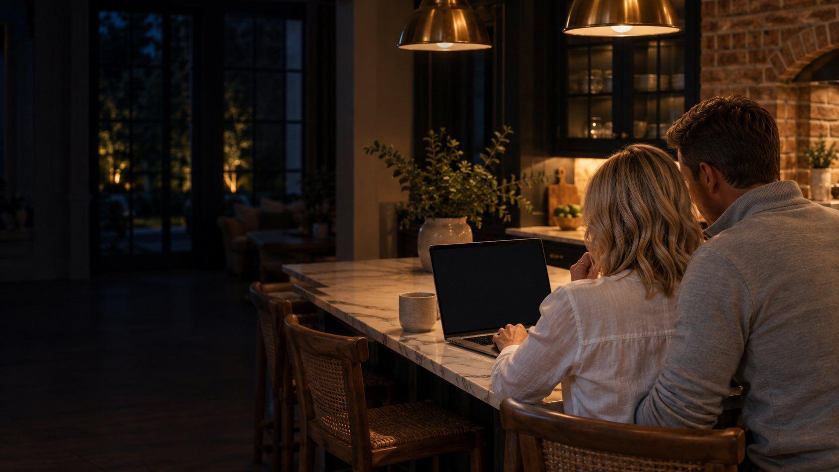 Homeowners at their kitchen island planning a backyard on a laptop