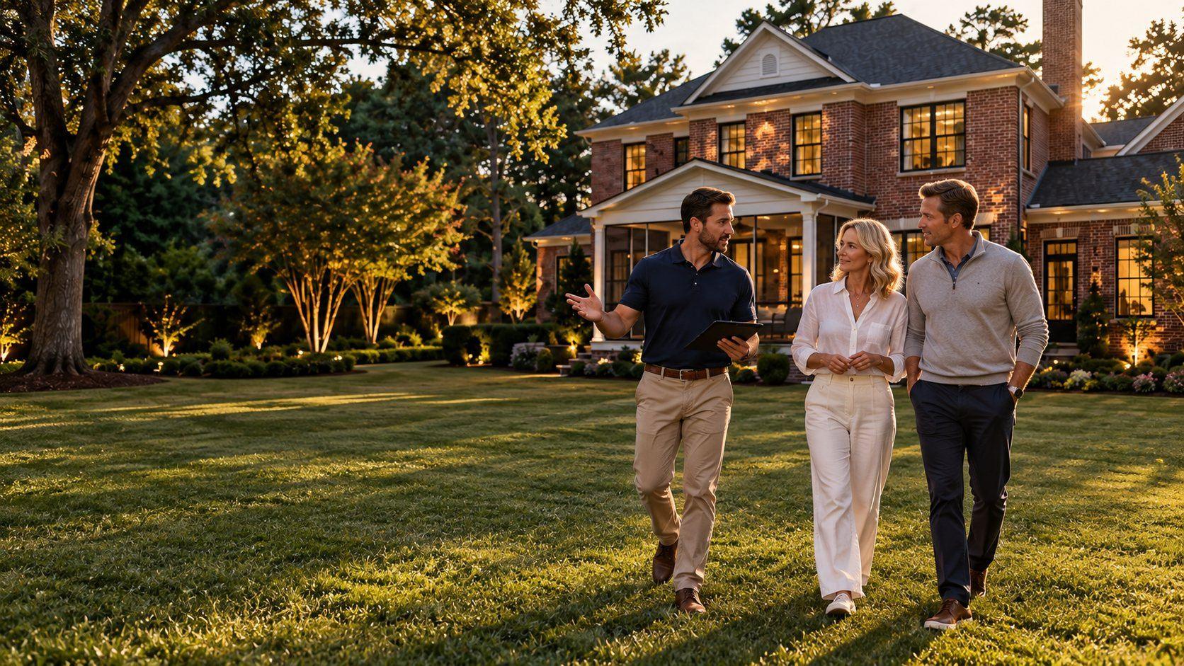 A representative with a tablet walks the backyard with the homeowners